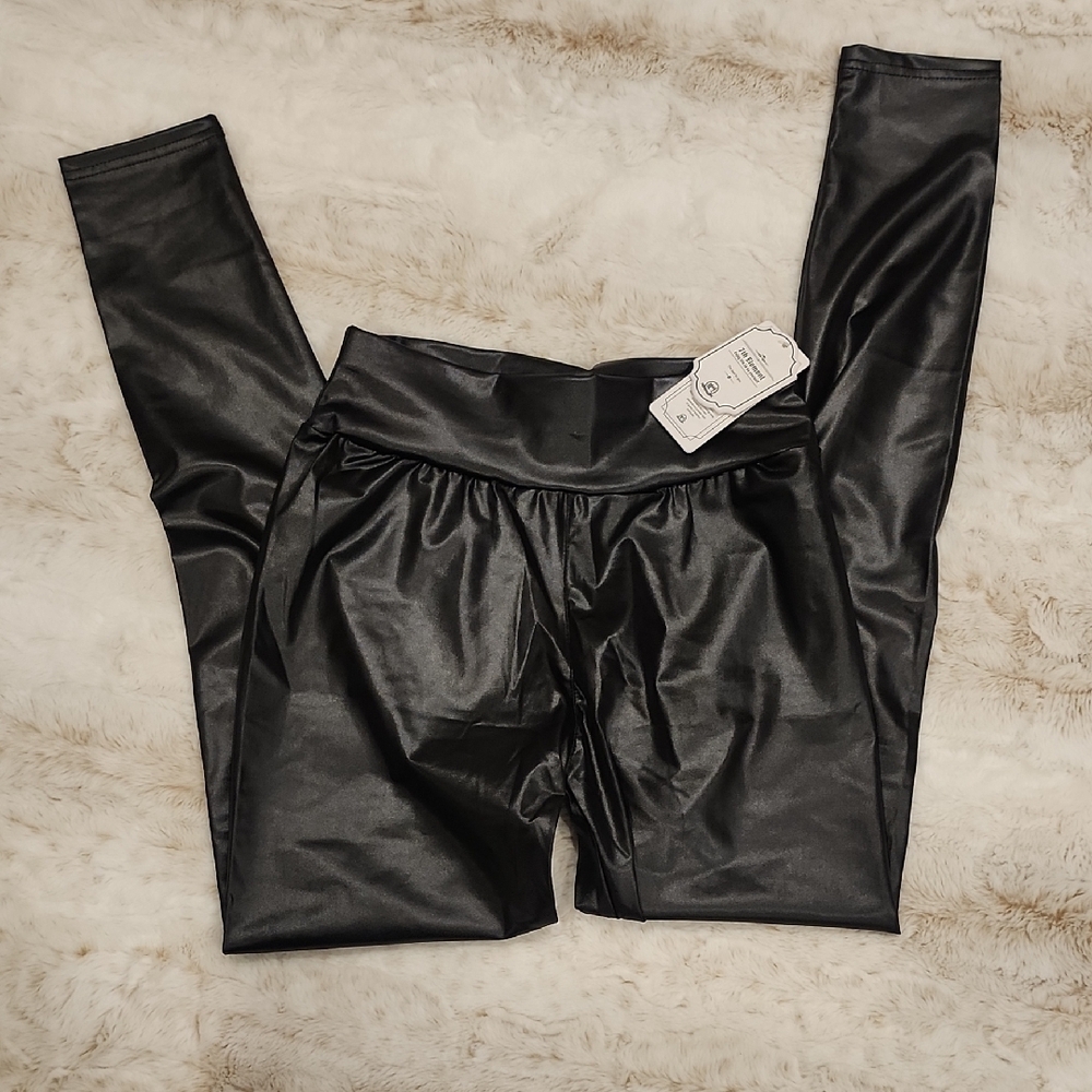Black Faux Leather Leggings with Elastic Waistband